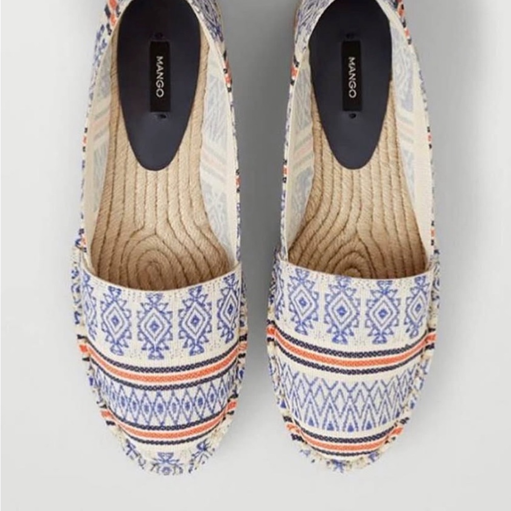 Mango Women's Embroidered Espadrille Flats in Blue, Cream and Coral